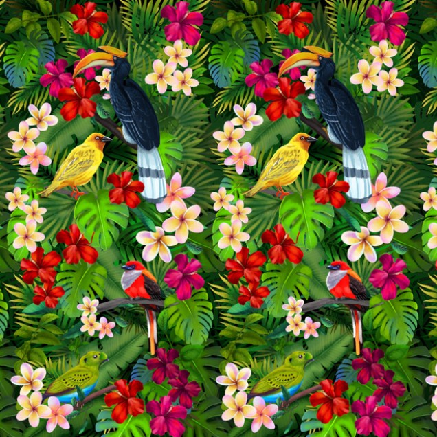 Toucanary tapet cu tucani, pasari tropicale, flori exotice si frunze verzi