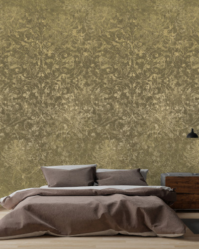Tapet arabesc cu model grafic, nuante de gri si auriu, decor modern