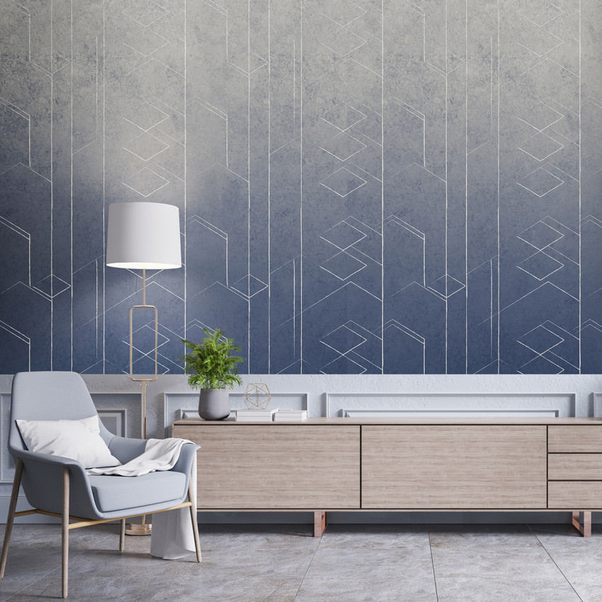 Tapet cu design geometric abstract, in nuante de albastru.