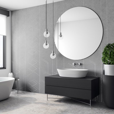Tapet baie cu design geometric abstract, in tonuri de gri, perfect pentru decorul minimalist