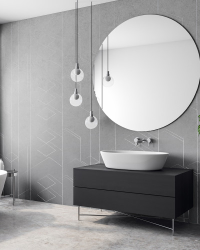 Tapet baie cu design geometric abstract, in tonuri de gri, perfect pentru decorul minimalist