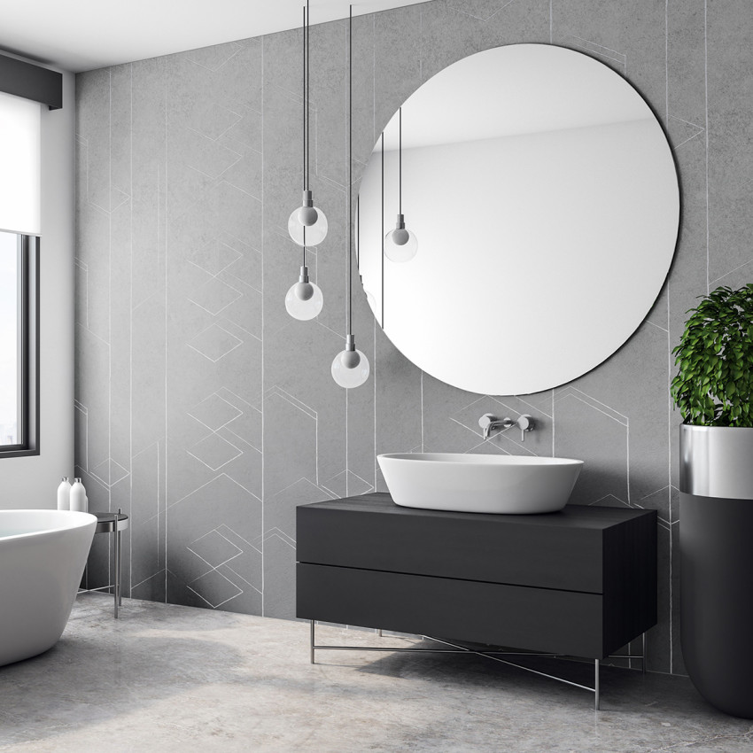 Tapet baie cu design geometric abstract, in tonuri de gri, perfect pentru decorul minimalist