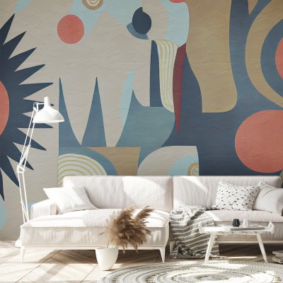 Wallpaper abstract modern cu forme geometrice, linii curbe si culori vibrante