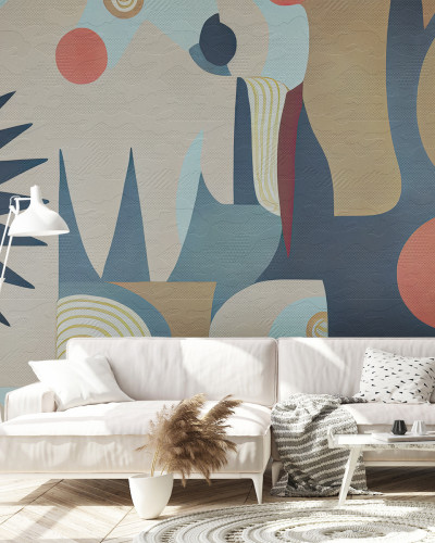 Wallpaper abstract modern cu forme geometrice, linii curbe si culori vibrante