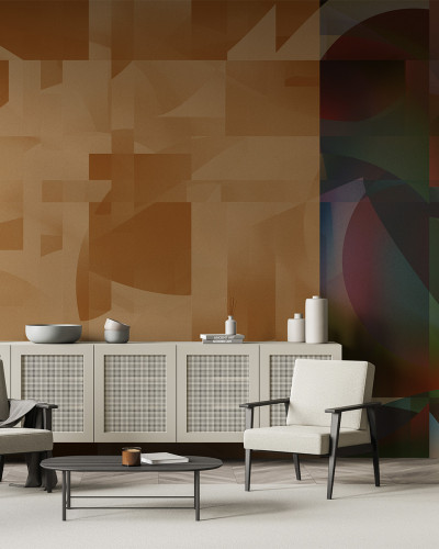 Tapet abstract cu forme geometrice suprapuse, în tonuri calde de maro și roșu.