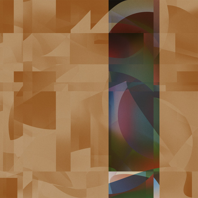 Tapet abstract cu forme geometrice suprapuse, în tonuri calde de maro și roșu.