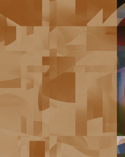 Tapet abstract cu forme geometrice suprapuse, în tonuri calde de maro și roșu.