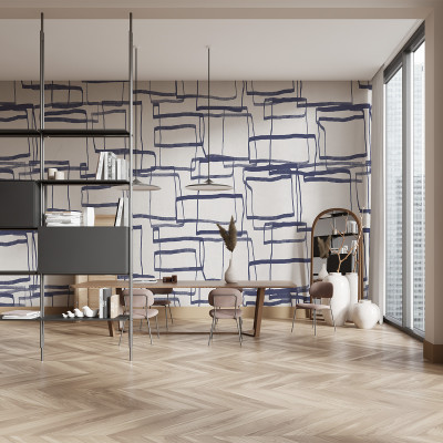 Tapet cu design retro albastru într-o cameră modernă