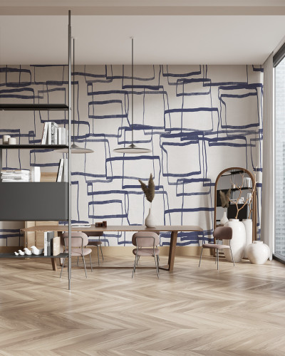 Tapet cu design retro albastru într-o cameră modernă
