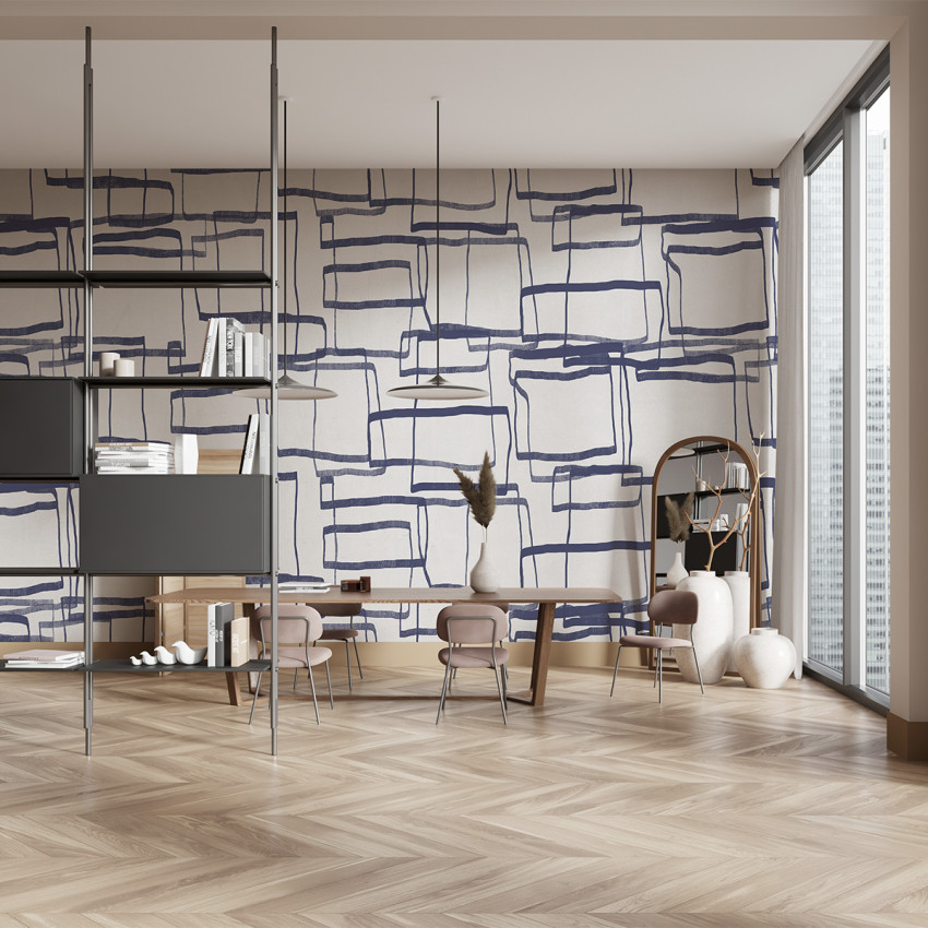 Tapet cu design retro albastru într-o cameră modernă