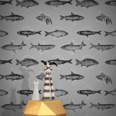 Tapet designer Fishes In Geometrics, Silver - Feathr