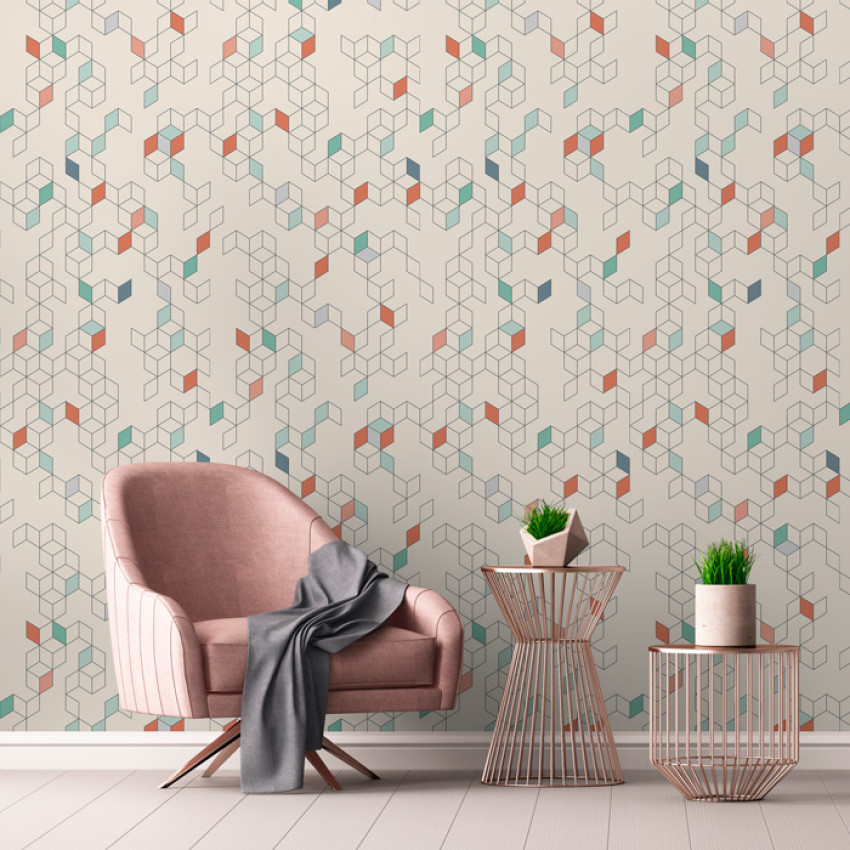 Tapet cu design geometric modern, cu cuburi mici în nuanțe de roșu, verde și albastru, pe un fond crem.