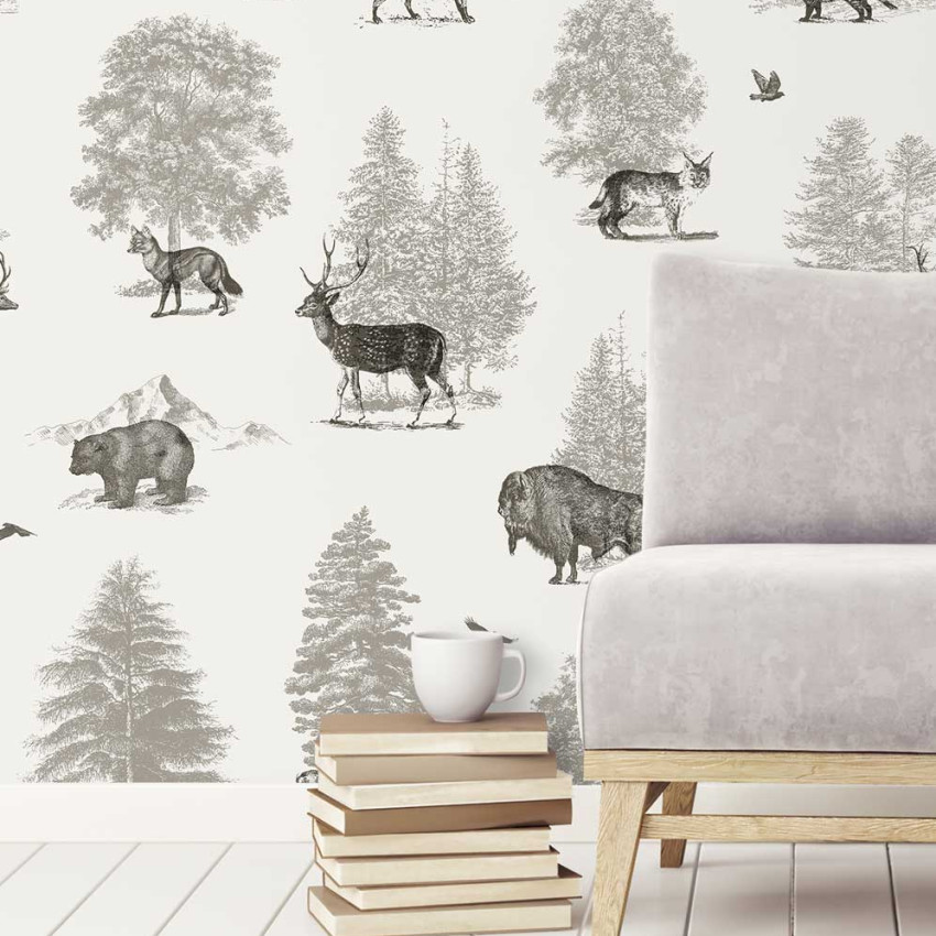 Tapet vintage cu un model delicat de animale sălbatice din pădure.