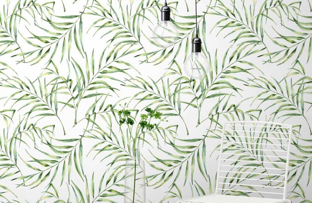 Tapet designer Palm Breeze (Watercolour Palm Leaf), Green - Feathr