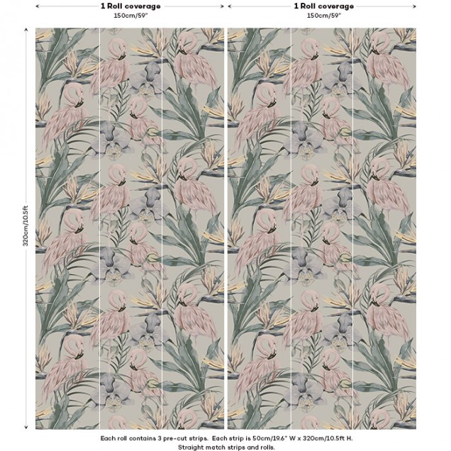 Tapet cu flamingo roz si frunze tropicale in culori pastelate
