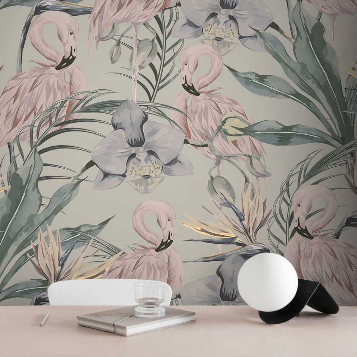 Tapet designer Tropical Shore (Tropical Flamingo), Pastel - Feathr, Tapet Exclusivist 