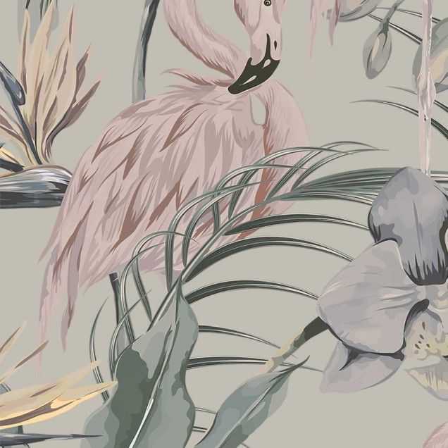 Tapet cu flamingo roz si frunze tropicale in culori pastelate