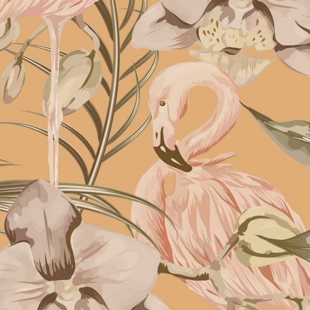 Tapet cu flamingo roz si flori delicate pe un fond cald si vibrant