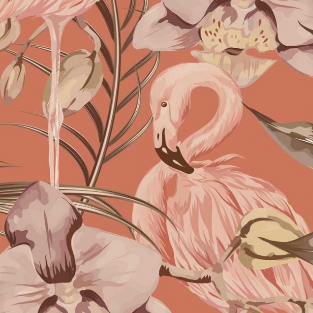 Tapet cu flamingo roz și flori tropicale pe un fundal terracotta