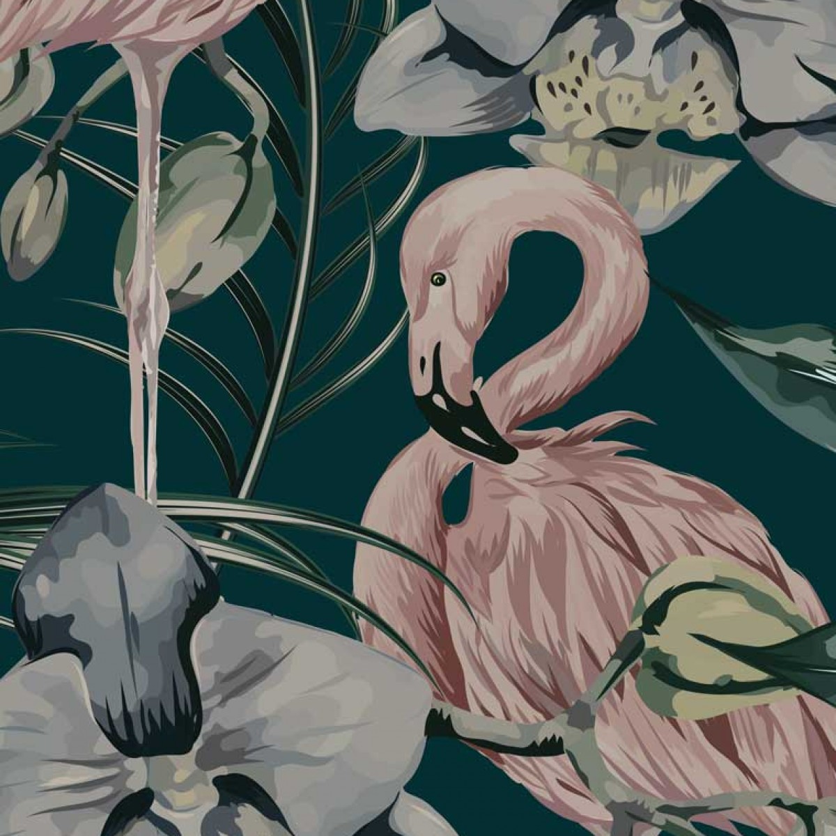 Tapet designer Tropical Shore (Tropical Flamingo), Deep Green - Feathr, Tapet Exclusivist 