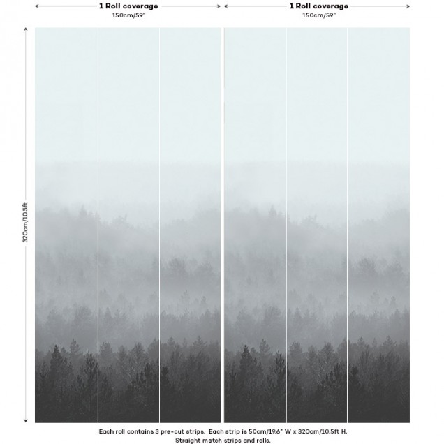 Tapet cu design modern, minimalist, cu un imprimeu ce reda o pădure misterioasă, înconjurată de ceață.