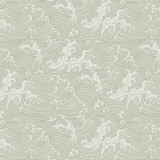 Tapet Ocean Spray (Japanese Wave), Green, cu un design delicat de valuri inspirat din cultura japoneză.