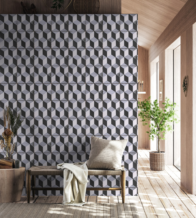 Tapet cu model geometric de dale portugheze, monocrom, cu aspect modern si elegant
