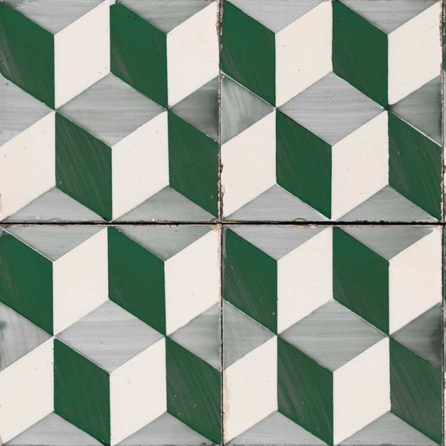 Wallpaper geometric 3D cu model de gresie portugheză în nuanțe de verde și alb, perfect pentru living sau dormitor.