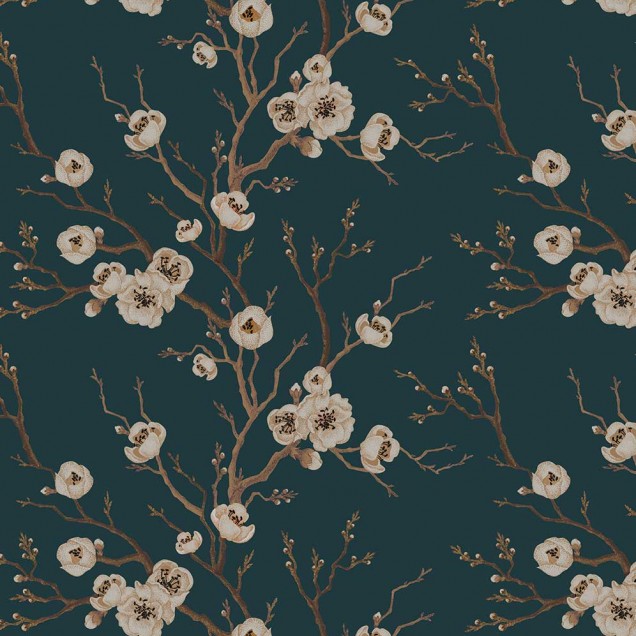 Tapet floral Eastern Secret, Blue - Feathr, cu flori de cires delicate in nuante de alb si crem, pe un fundal albastru inchis.
