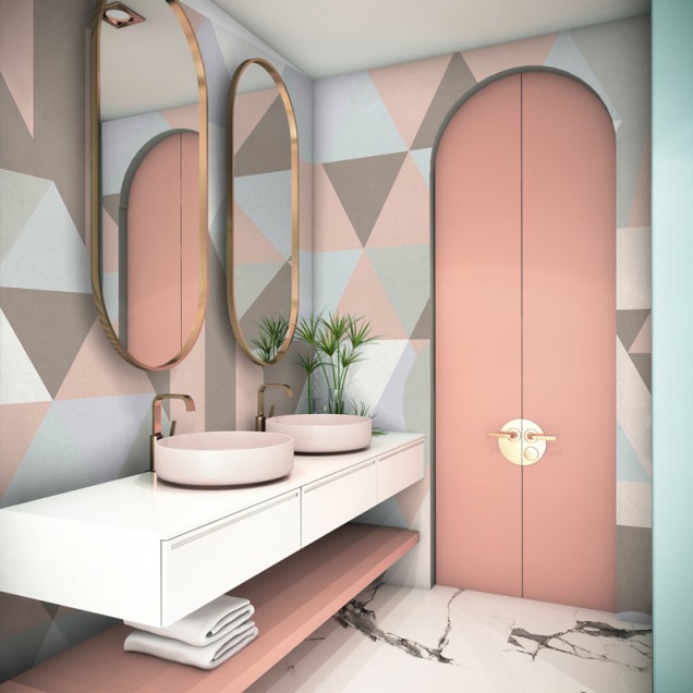 Tapet geometric cu forme abstracte, culori calde și delicate de roz, gri și bleumarin