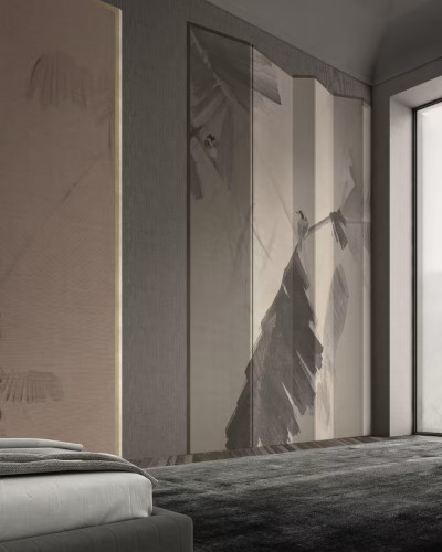 Tapet decorativ cu design artistic de frunze și păsări