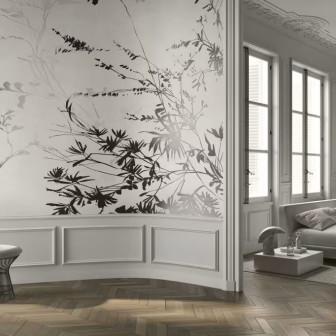 Tapet floral elegant cu frunze negre și fundal deschis