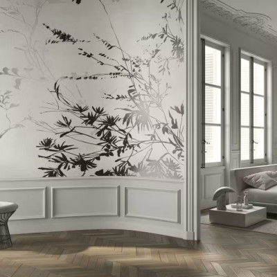 Tapet floral elegant cu frunze negre și fundal deschis