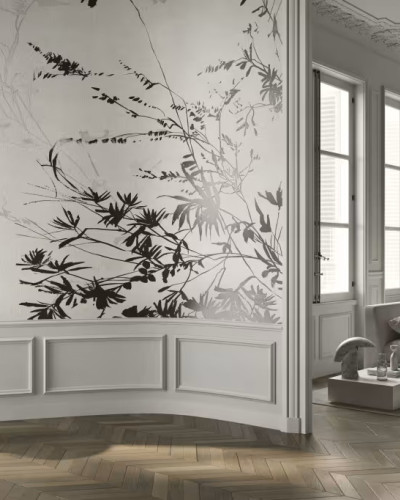 Tapet floral elegant cu frunze negre și fundal deschis
