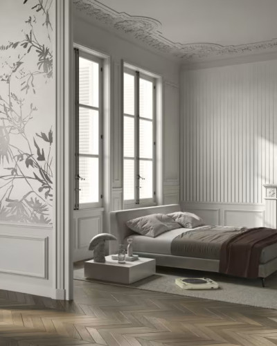 Tapet floral elegant într-un dormitor modern