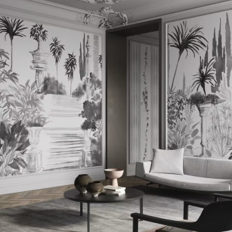 Fototapet artistic alb-negru cu motive vegetale într-un living elegant