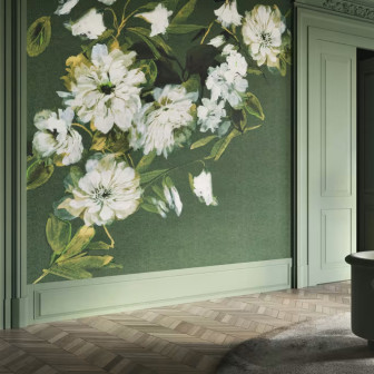 Fototapet floral cu flori albe pe fundal verde