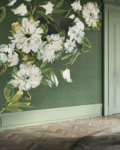 Fototapet floral cu flori albe pe fundal verde