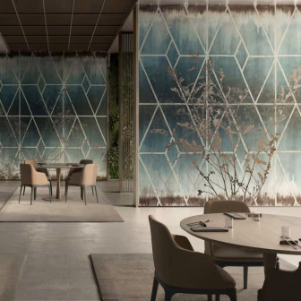 Fototapet decorativ cu design geometric și floral, ideal pentru living sau restaurant