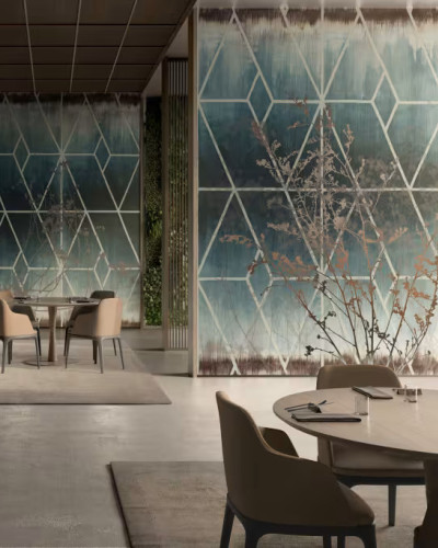Fototapet decorativ cu design geometric și floral, ideal pentru living sau restaurant