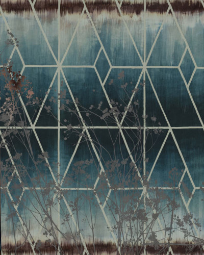 Fototapet decorativ cu design geometric și floral, ideal pentru living sau restaurant