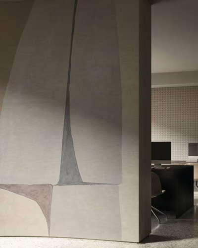 Tapet cu design abstract geometric în nuanțe de crem, gri și roz pal