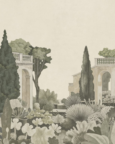 Fototapet cu o scenă de grădină italiană, bogată în vegetație, cu elemente arhitecturale subtile în fundal, în nuanțe de verde și crem.
