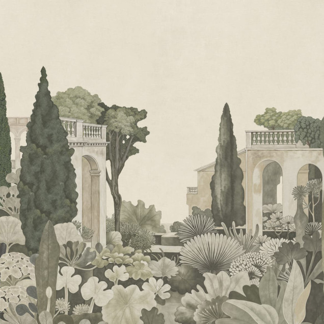 Fototapet cu o scenă de grădină italiană, bogată în vegetație, cu elemente arhitecturale subtile în fundal, în nuanțe de verde și crem.