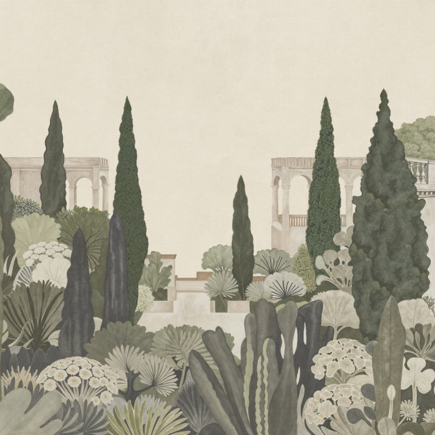 Fototapet cu o scenă de grădină italiană, bogată în vegetație, cu elemente arhitecturale subtile în fundal, în nuanțe de verde și crem.