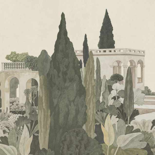 Fototapet cu o scenă de grădină italiană, bogată în vegetație, cu elemente arhitecturale subtile în fundal, în nuanțe de verde și crem.