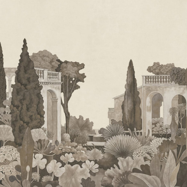 Fototapet cu o scenă idilică de grădină italiană în nuanțe de sepia, cu elemente arhitecturale și vegetație stilizată.