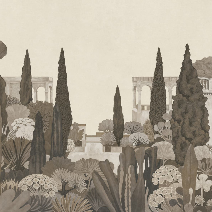 Fototapet cu o scenă idilică de grădină italiană în nuanțe de sepia, cu elemente arhitecturale și vegetație stilizată.