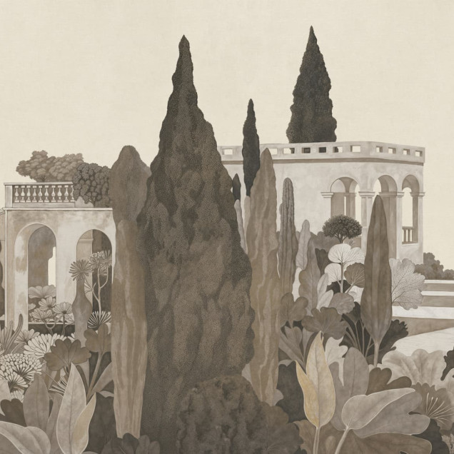 Fototapet cu o scenă idilică de grădină italiană în nuanțe de sepia, cu elemente arhitecturale și vegetație stilizată.