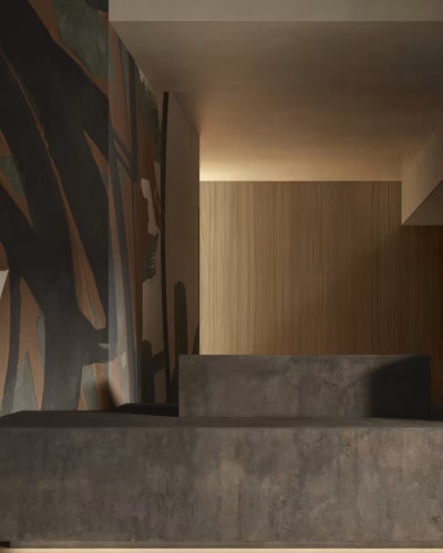 Fototapet cu un design abstract în nuanțe de maro și negru, integrat într-un interior modern.